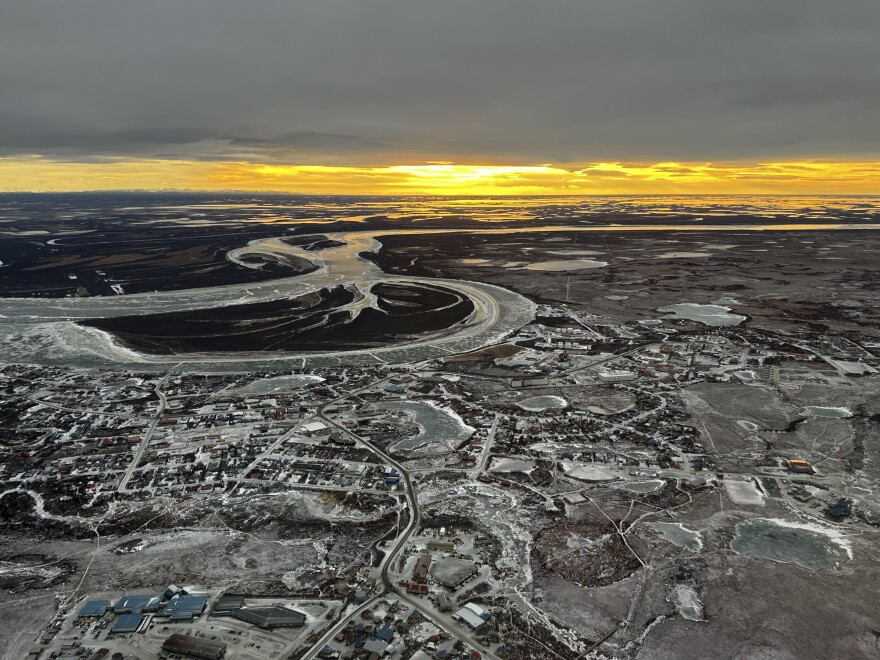 Bethel, Alaska as seen from the air in December 2024. KYUK stands to lose 70% of its funding due to proposed cuts to the Corporation for Public Broadcasting.