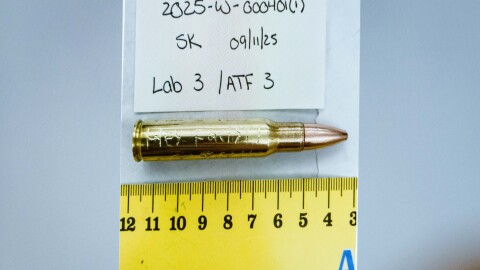 An image of a bullet casing engraved with the words “Hey Facist!” is displayed during a preliminary hearing for Tyler Robinson, who is accused in the fatal shooting of Charlie Kirk, at the Fourth District Courthouse in Provo, Utah, July 9, 2026.