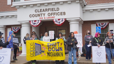Dozens of people from throughout Pennsylvania, including in Clearfield County, protested at the Clearfield County Commissioners meeting on Tuesday, Sept. 22, 2026. 