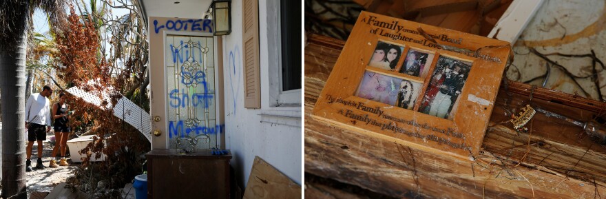 (Left) The door of the Collinses' home has a spray-painted warning to would-be looters. (Right) A family photo turned up in the mess.