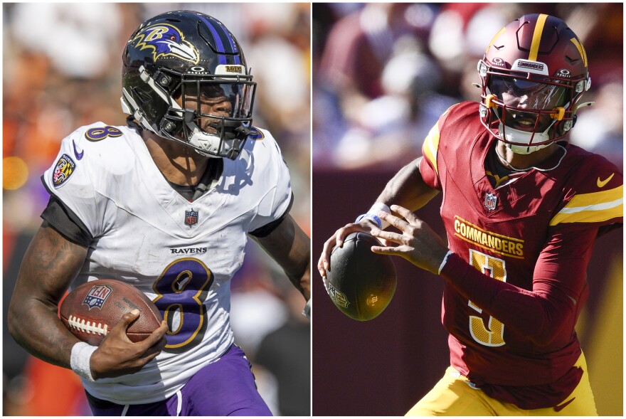 This combination image shows, from left, Baltimore Ravens quarterback Lamar Jackson in Cincinnati, and Washington Commanders quarterback Jayden Daniels in Landover, Md., on Oct. 6, 2024. (AP Photo/Jeff Lewis, left, Nick Wass, right)