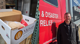 Midwest Food Bank Morton Executive Director John Cirilli and one of the charity's relief packages