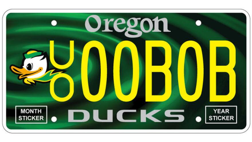 The new Oregon Ducks license plate will be issued beginning April 1. CREDIT: UNIVERSITY OF OREGON
