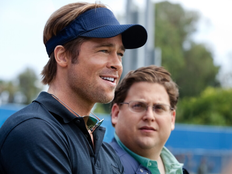 Brad Pitt, left, plays Billy Beane, the general manager of the Oakland A's, in the movie <em>Moneyball</em>. His assistant Peter Brand is played by Jonah Hill.