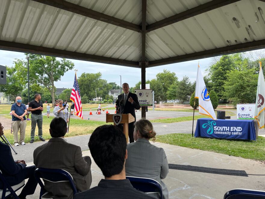 Massachusetts Gov. Charlie Baker speaking at the South End Community Center in Springfield. 