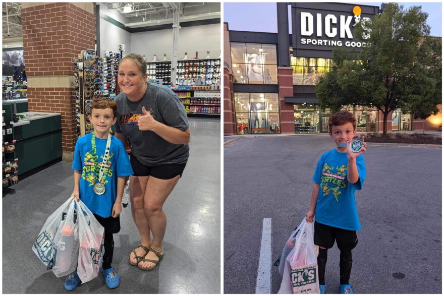 Crystal Stockton stands next to a boy the Finish Strong Foundation bought sports equipment for.