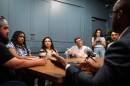 Democratic candidate for Texas governor Gina Hinojosa, third from the left, listens to Stephen Sanders, right, during a roundtable discussion on data centers, Saturday, July 18, 2026, in Lubbock, Texas.