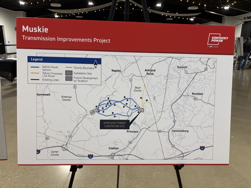 A map of proposed routes for transmission lines and a substation to serve TeraWulf's Muskie Data Campus.