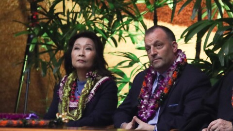 FILE — Lt. Gov. Sylvia Luke and Gov. Josh Green listen to speeches on opening day of the Hawaiʻi State Legislature on Jan. 17, 2024.
