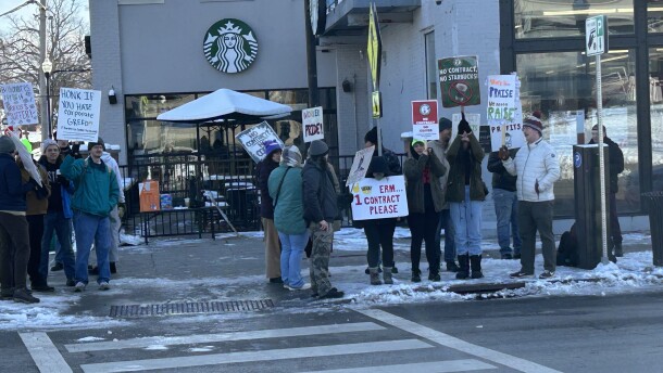 Starbucks workers picket outside a North High Street Starbucks across from the Ohio State campus on Thursday, Dec. 4, 2025. It's part of a national strike by Starbucks Workers United for better pay and working conditions. Workers are looking for a collective bargaining agreement.