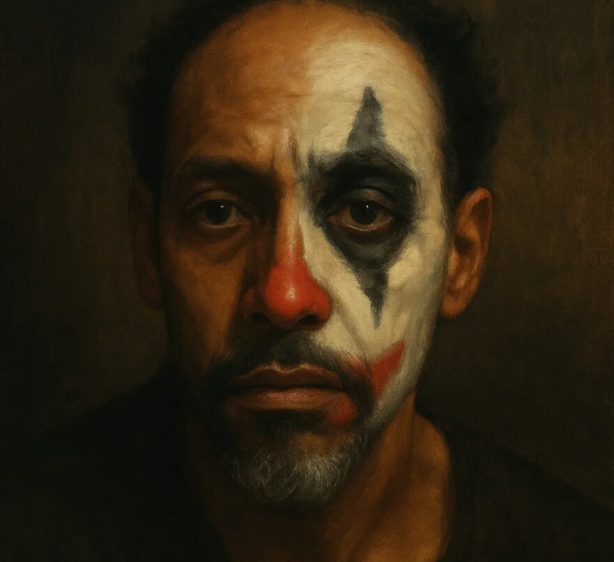 Actor Dennis Leroy Kangalee as Auguste the Clown in the new play Smile: A Clown's Ascension