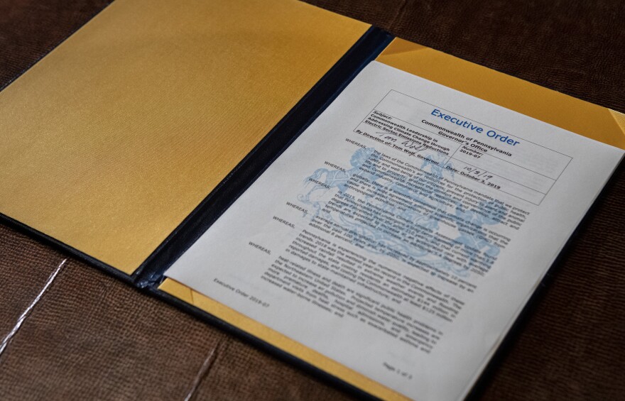 FILE - The executive order Gov. Tom Wolf signed in 2019 directing Pennsylvania to enter the Regional Greenhouse Gas Initiative. (Commonwealth Media Services)
