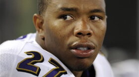 Baltimore Ravens running back Ray Rice sits on the sideline during a preseason game in 2007. Rice was the focus of a domestic violence controversy in 2014.