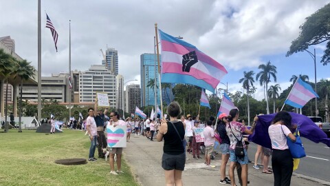 People gathered at the Hawaiʻi State Capitol on March 31, 2023, for International Transgender Day of Visibility.