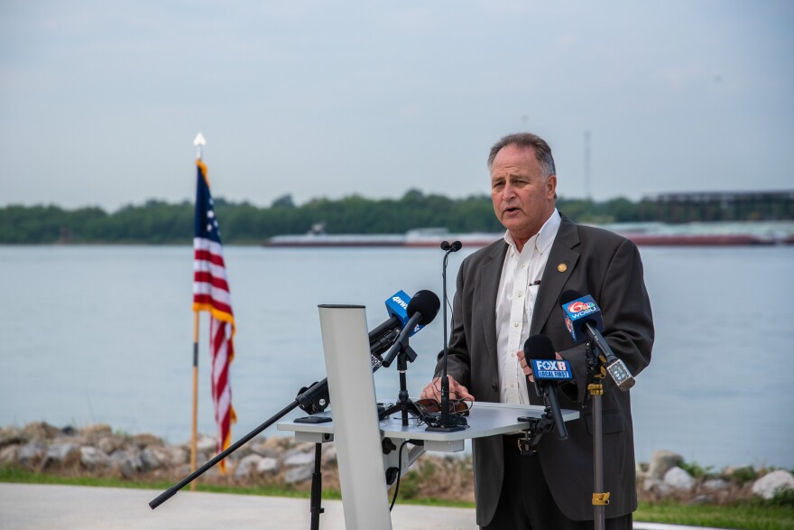 Plaquemines Parish President W. Keith Hinkley describes how his office has coped as saltwater moving up the Gulf of Mexico has contaminated drinking water for much of his parish this summer during a news conference on Sept. 15, 2023.