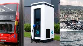  From L to R, a Kreisel Electric battery, ebus, charging station, eboat, and erace car 