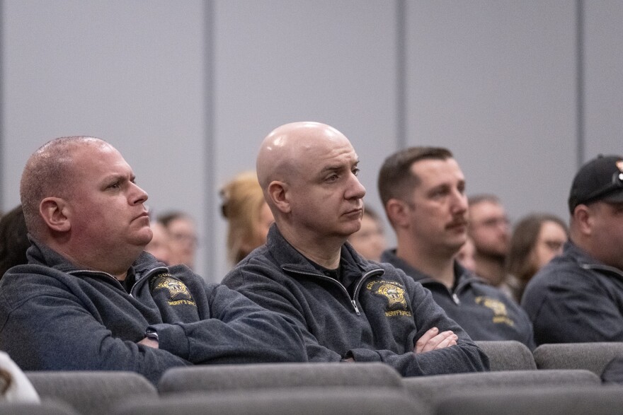 Stark County Sheriffs deputies listen to a presentation about domestic abuse by Jim Schmidt at the First Christian Church in Canton, on Feb. 13, 2026.