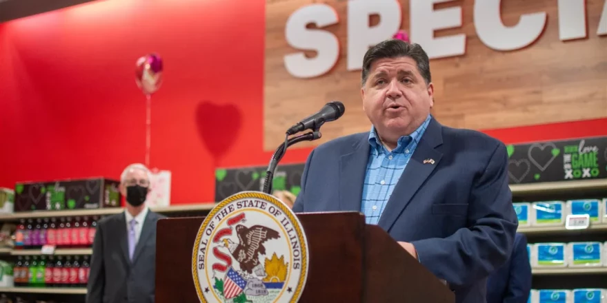 Gov. JB Pritzker is pictured in a file photo at a news conference at Schnucks grocery store in Springfield last year.