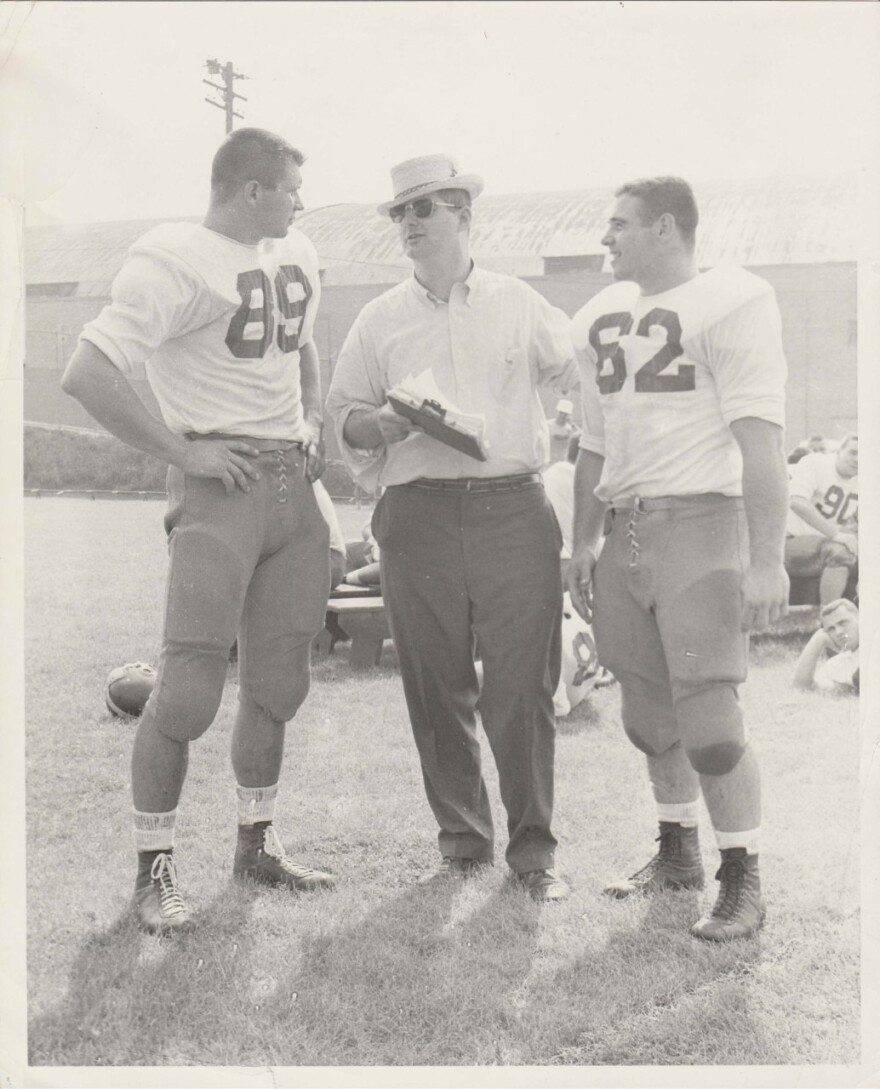 At Pitt football practice with Mike Ditka (89, left) and Larry Vignali (62, right), circa late 1950s-early 1960s