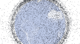 Approximately 19,000 manmade objects larger than 10 centimeters orbit the Earth. These images, based on models, show the distribution of orbital debris around Earth.