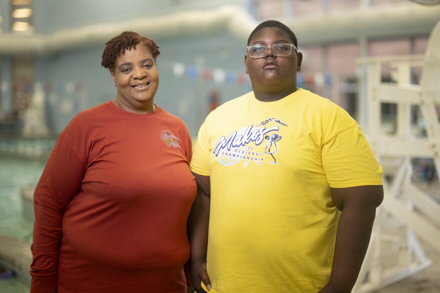 Randella Randell and son Elijah Gilliam attend Makos Swim Team practice at the YMCA’s O’Fallon Park Rec Complex on March 18, 2025.