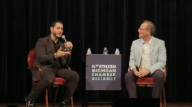 Democratic Senate candidate Abdul El-Sayed (left) speaks with Kyle Melinn of MIRS (right) at a campaign forum in Traverse City on September 21st, 2026