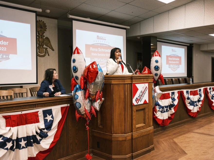 Rena Schroeder, Republican candidate for Texas Senate District 22, gives a stump speech during a meet-and-greet hosted by the McLennan County Republican Women at the Lee Lockwood Library on Feb. 5.