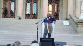 Martell Bivings speaks in front of the Michigan State Capitol on Aug. 27, 2022.