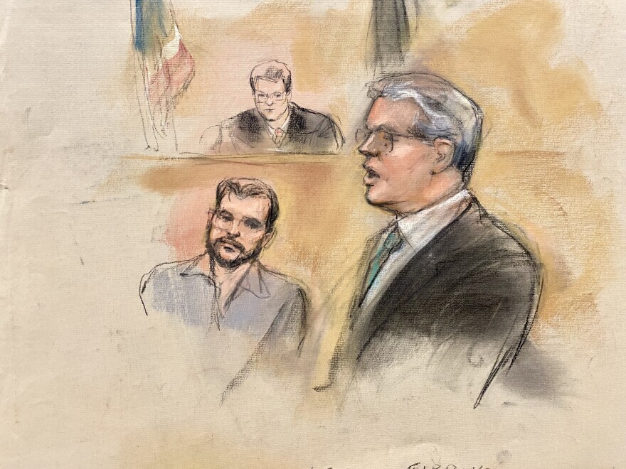 Adam Fox (left) and his attorney Christopher Gibbons, in a sketch from the first trial.