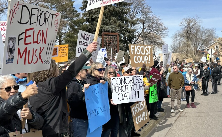 Protestors gather along Old Santa Fe Trail, at the New Mexico State Capitol, on Feb. 17, 2025.