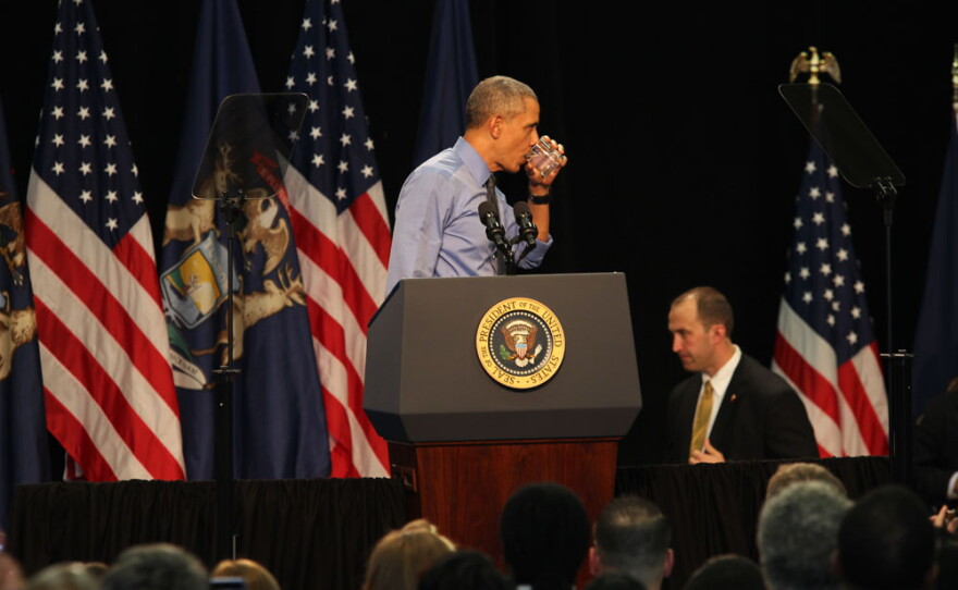 President Obama drinks water in Flint, Michigan on May 4, 2016.