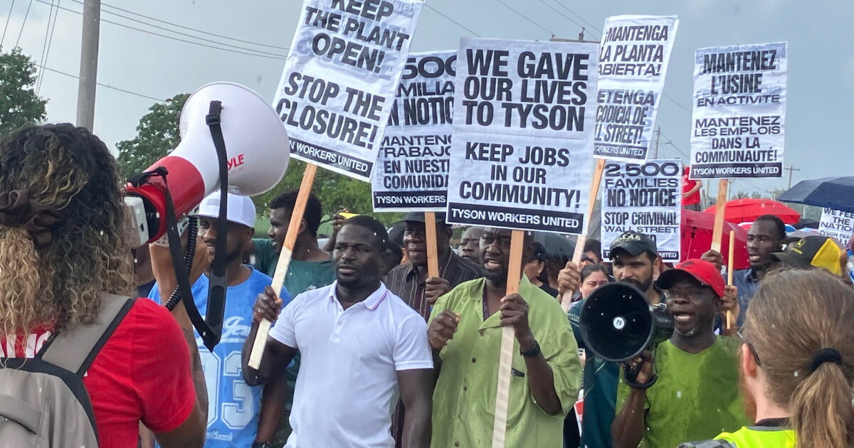 Laid-off Tyson workers rally outside plant in Joslin, fight for jobs