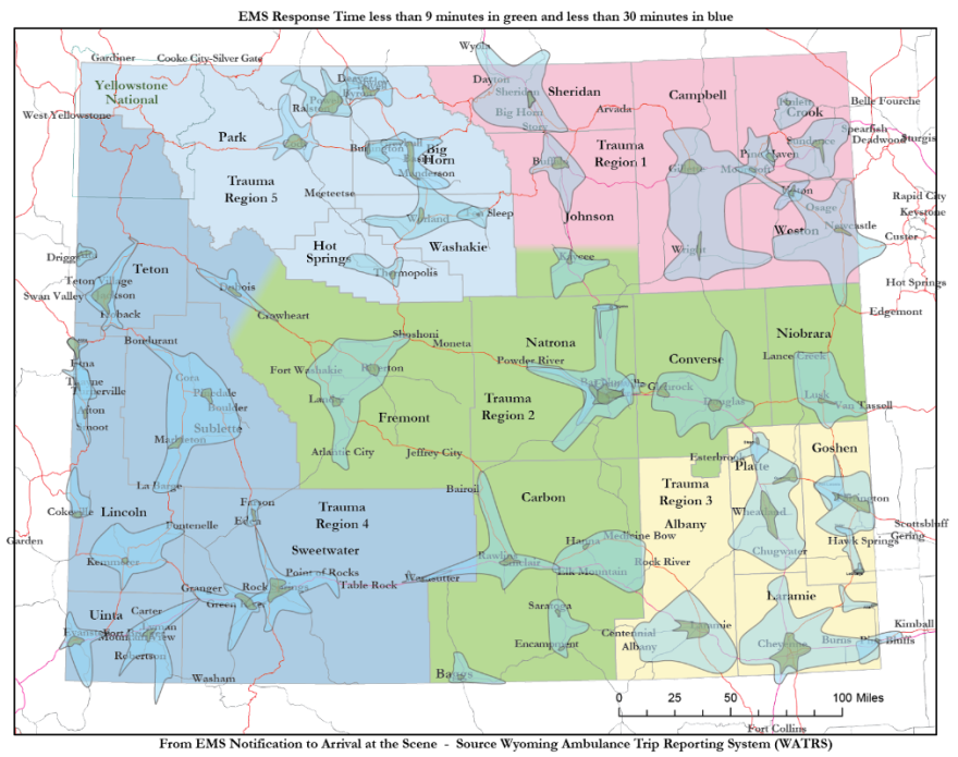 A map of Wyoming is shaded largely over dense population centers. Much of the state is unshaded.