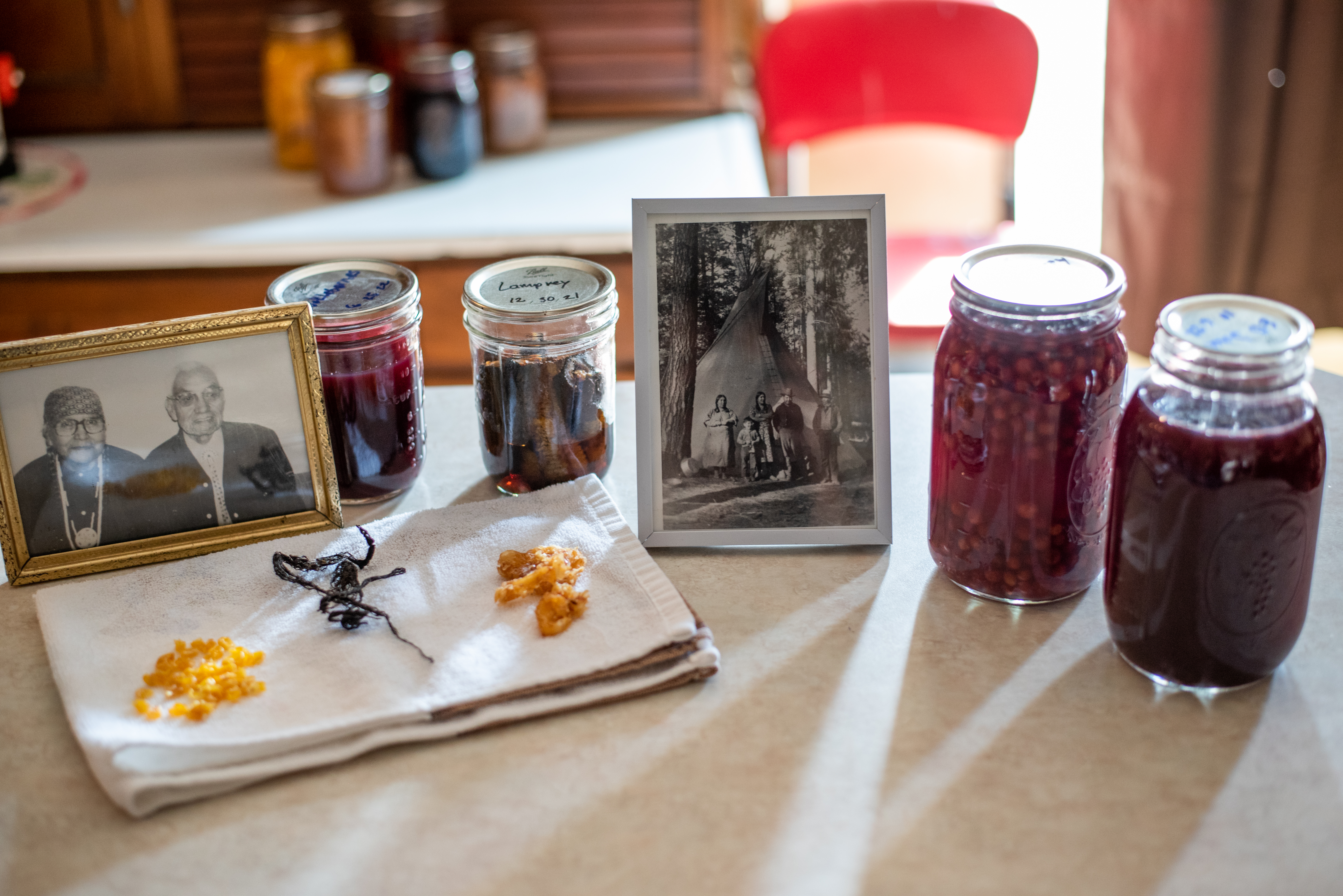 Photos of the Huesties-Wolf family ancestors are displayed at their home in Mission, Oregon, along with traditional foods like chokecherries, huckleberries, lamprey, dried moss and dried “biscuit,” made predominantly of x̣áwš (root). Harvesting and preserving methods are passed down from generation to generation.