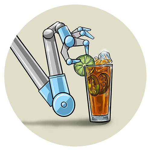 Illustration of a robotic hand placing a lime slice on a cocktail glass.