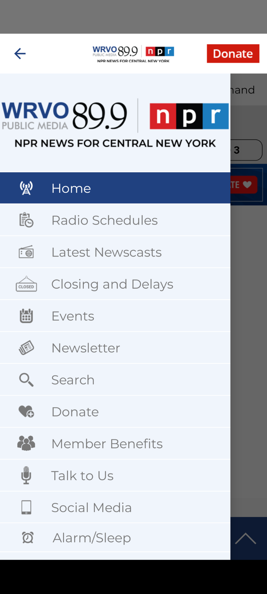 WRVO App Menu